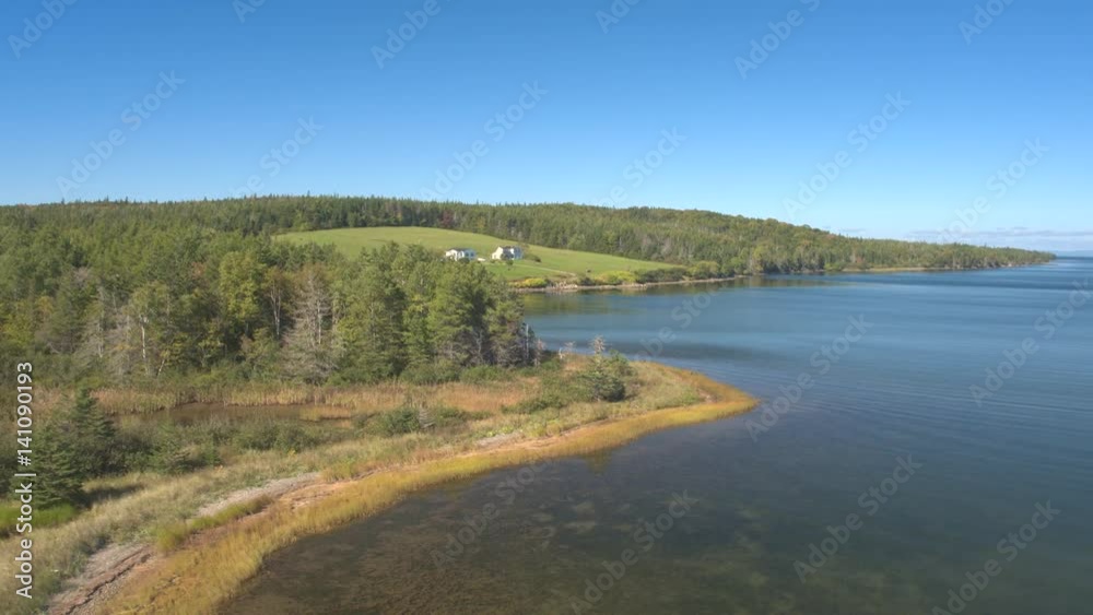 AERIAL: Flying above lush canopies in dense spruce forest covering the edge of the mainland touching the sea. Beautiful wild nature at the seaside with endless woodlands and swamps on the North of USA AERIAL: Flying above lush canopies in dense spruce forest covering the edge of the mainland touching the sea. Beautiful wild nature at the seaside with endless woodlands and swamps on the North of USA
