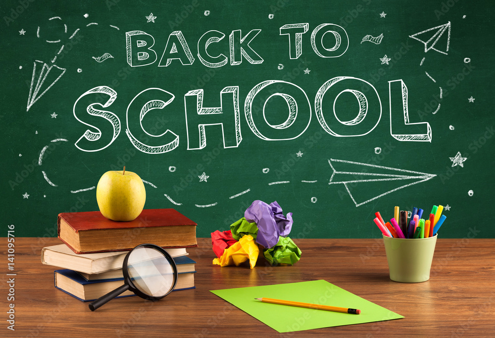 Back to school blackboard and student desk Back to school blackboard and student desk
