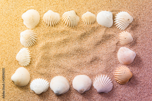 Abstract background with frame spelled by sea shells on beach and color effect