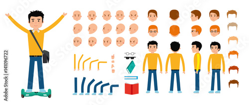 Man character creation set. Young guy, student, teenager. Icons with different types of faces and hair style, emotions, front, rear side view of male person. Moving arms, legs Vector flat illustration