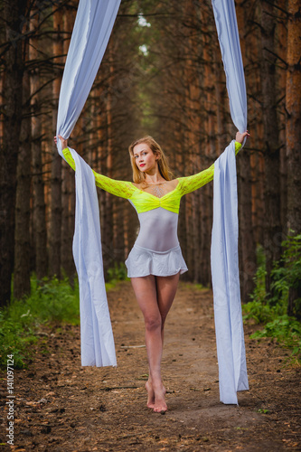 Beautiful and graceful trapeze artist performs exercises on aerial silk in the forest photo