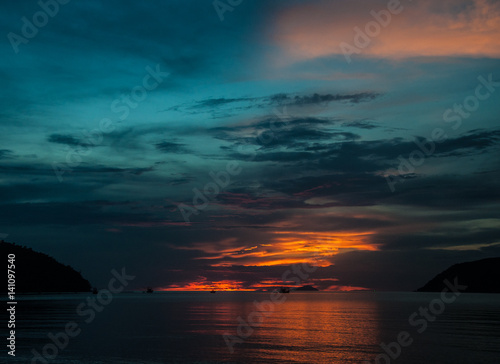 Red sunset in Siam Gulf Sea in Thailand