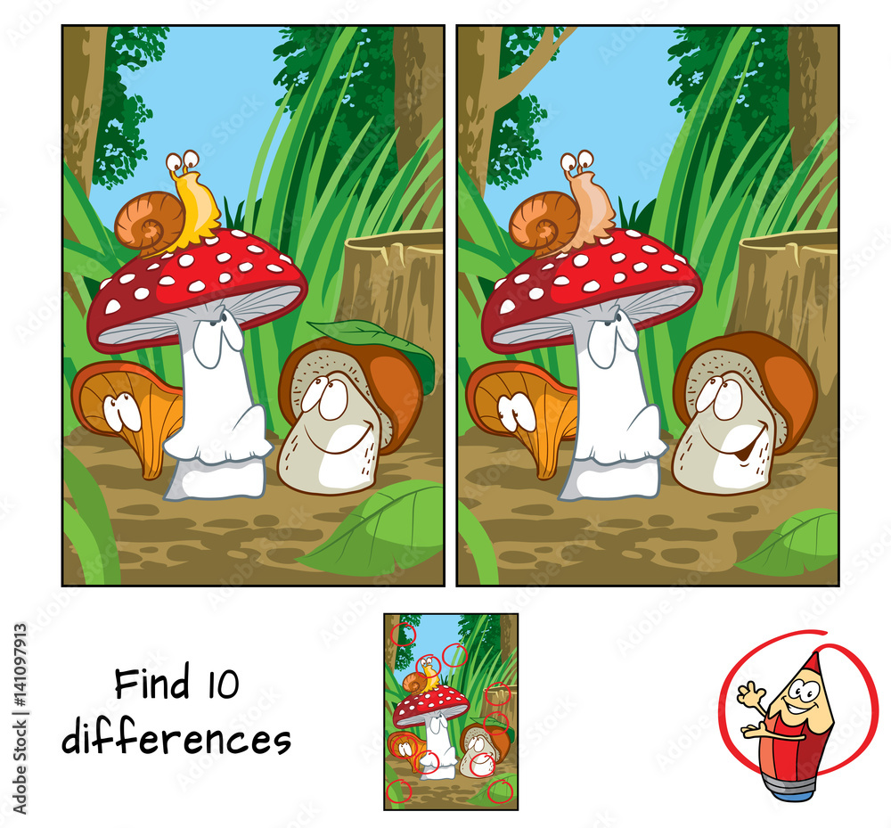 Vetor de Mushrooms and snail. Find 10 differences. Educational game for ...