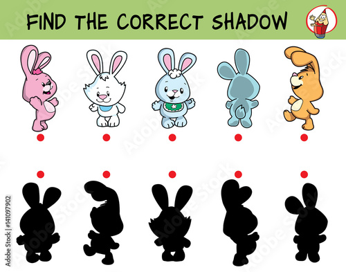 Cute little rabbits. Find the correct shadow. Educational game for children. Cartoon vector illustration.