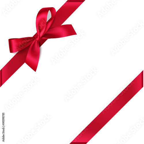 Decorative red bow with diagonally ribbon on the corner. Vector bow for page decor isolated on white