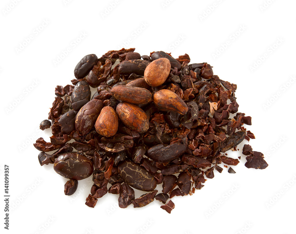 cocoa beans and nibs isolated cocoa beans and nibs isolated