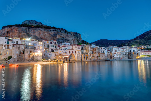 The old town of Cefalu in Sicily after sunset