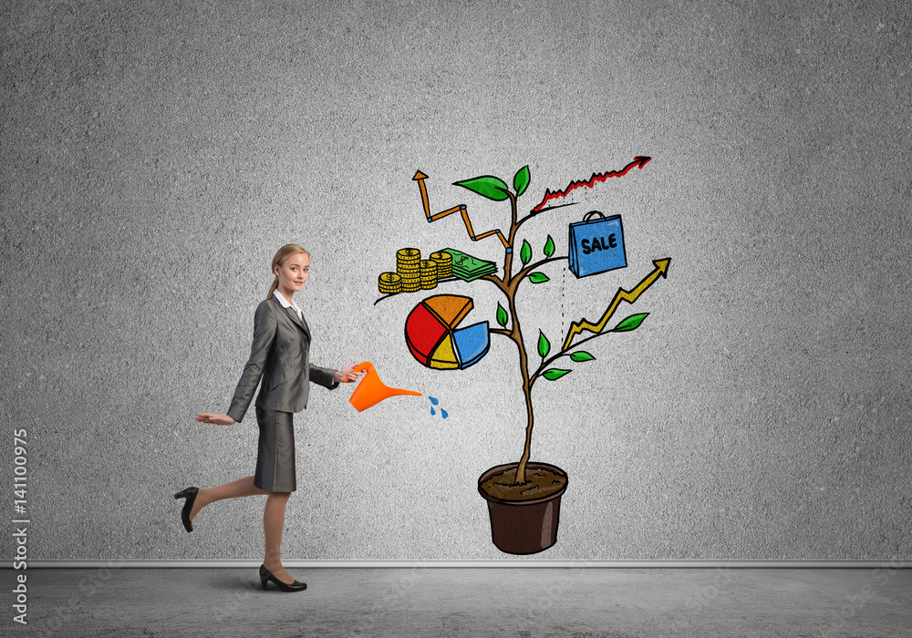 Young businesswoman in empty room watering drawn growth concept with can Young businesswoman in empty room watering drawn growth concept with can