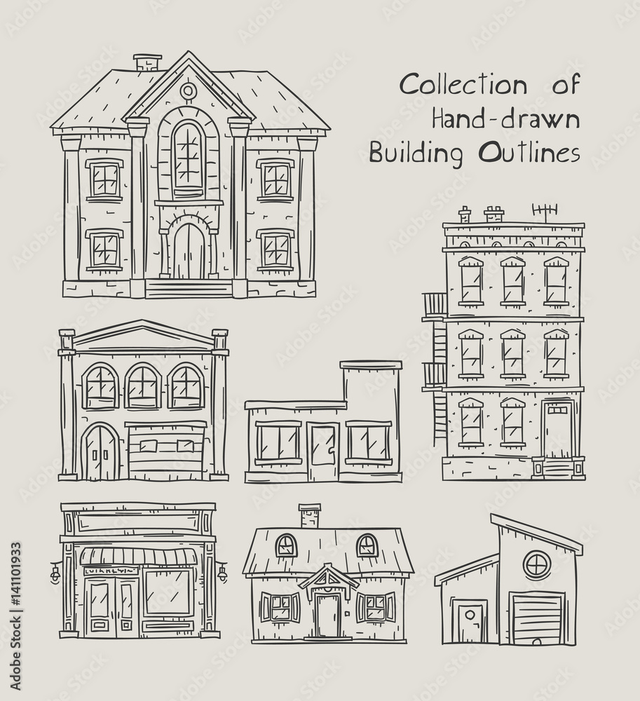 Doodle outline hand drawn buildings, houses, homes and public buildings vector illustrations