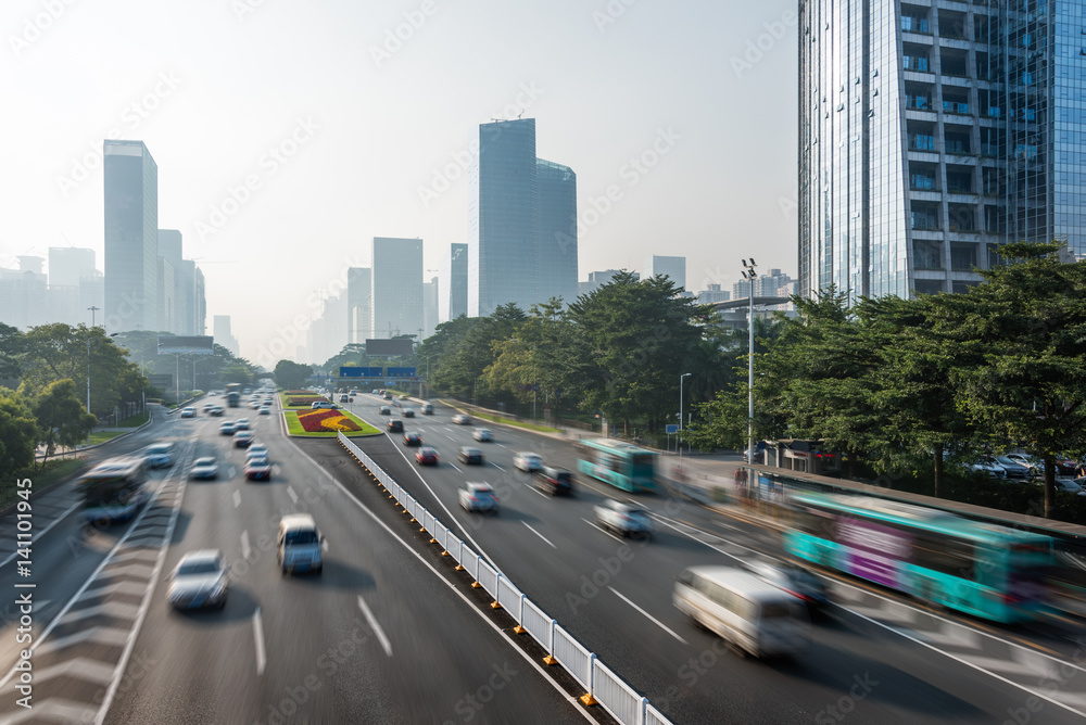 Naklejka premium urban traffic with cityscape in Shanghai,China.