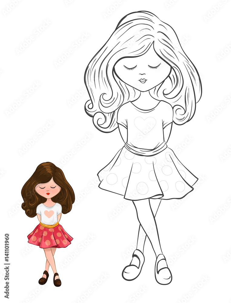 cartoon style cute little child full body standing position outline version  for coloring books Stock Vector | Adobe Stock