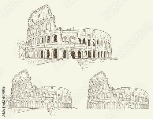 Three doodled outline illustrations of the Colosseum in Rome, Italy