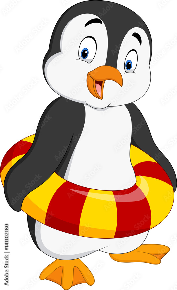 Obraz premium Cartoon penguin with inflatable ring