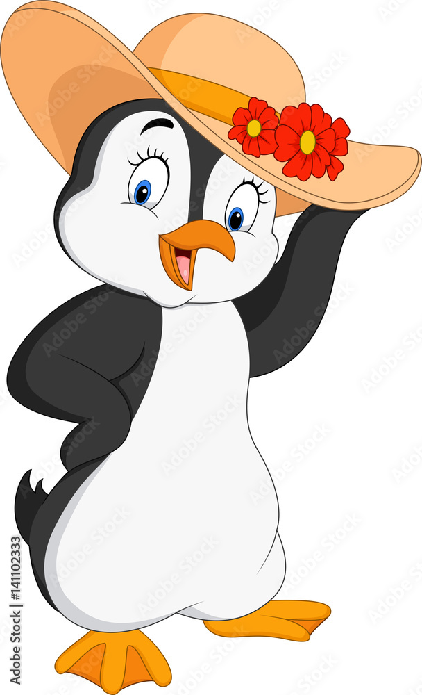 Fototapeta premium Cartoon penguin wearing summer straw 