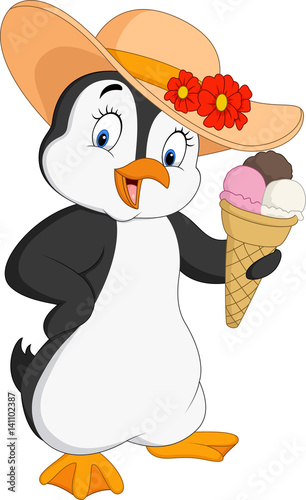 Cartoon penguin holding ice cream