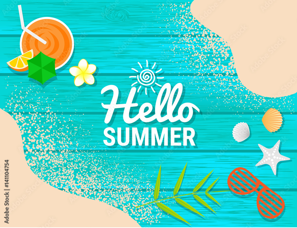 Naklejka premium Beach items and Sand on blue wooden for summer concept