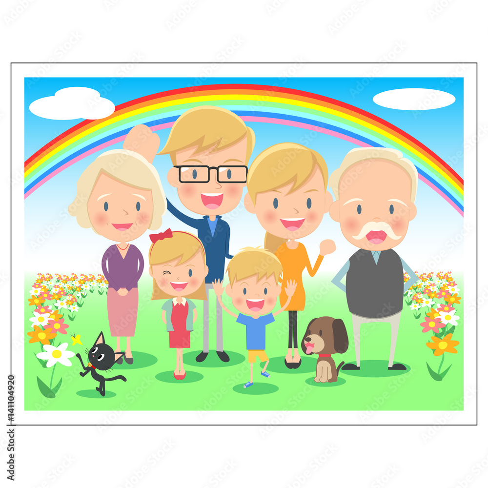 三世代　家族の記念写真　虹