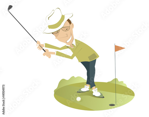 Smiling golfer on the golf course. Smiling golfer in the hat is trying to send the ball to the hole 
