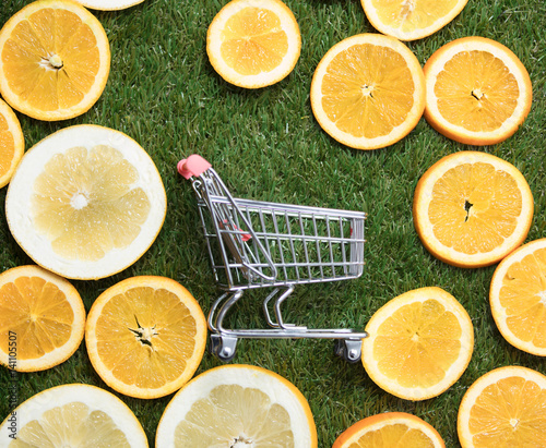 photo of cute shopping cart near dried orange slices on the wonderful green grass background