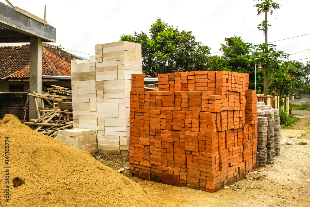 Materials for new house,brick work and white big blocks. Materials for new house,brick work and white big blocks.