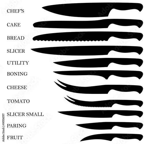 Kitchen knives main set, silhouettes with signature names. Flat design. Abstract concept. Vector illustration.