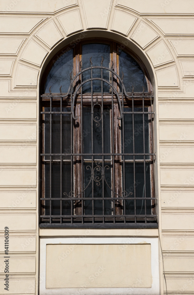 One vintage front glass windows of an old house