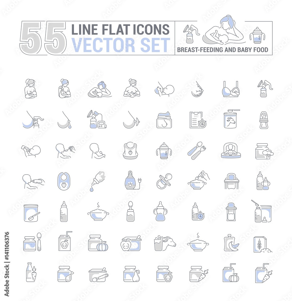 Vector graphic set. Icons in flat, contour, thin, minimal and linear design.Breastfeeding, motherhood, natural nutrition of the newborn.Concept illustration for Web site, app.Sign,symbol,element.