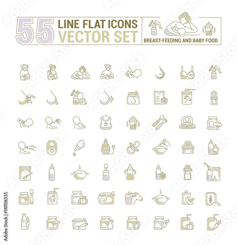 Vector graphic set. Icons in flat, contour, thin, minimal and linear design.Breastfeeding, motherhood, natural nutrition of the newborn.Concept illustration for Web site, app.Sign,symbol,element.