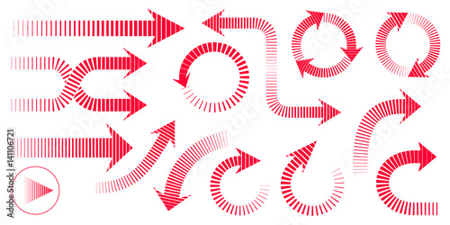 Set of red striped arrows. Isolated on background.