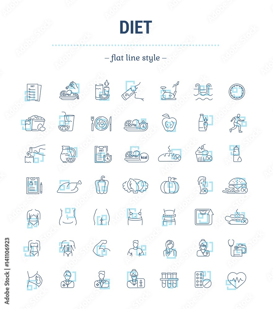 Vector graphic set. Icons in flat, contour, thin, minimal and linear design.Diet. A healthy lifestyle, good nutrition, physical activity, beautiful body.Concept illustration for Web site.Sign, symbol.