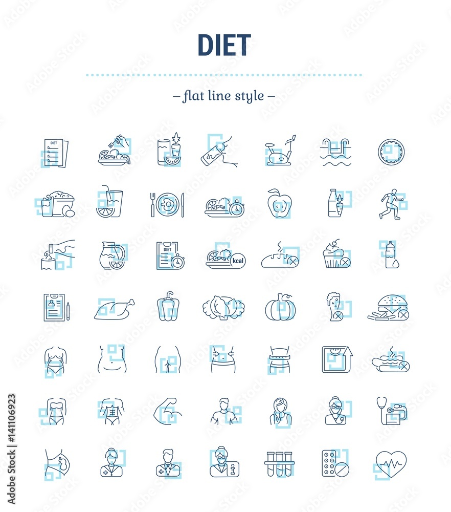 Vector graphic set. Icons in flat, contour, thin, minimal and linear design.Diet. A healthy lifestyle, good nutrition, physical activity, beautiful body.Concept illustration for Web site.Sign, symbol. Vector graphic set. Icons in flat, contour, thin, minimal and linear design.Diet. A healthy lifestyle, good nutrition, physical activity, beautiful body.Concept illustration for Web site.Sign, symbol.