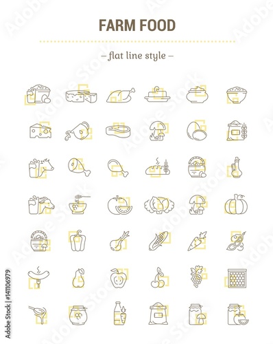 Vector graphic set. Icons in flat, contour, thin, minimal and linear design.Farmer fresh product. Animal and plant food.Healthy nutrition. Natural food.Concept simple isolated icons.Sign, symbol.
