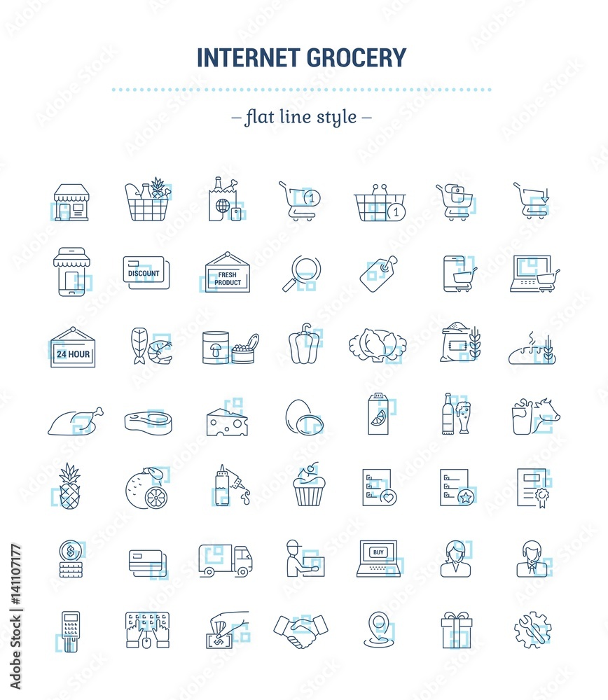 Vector graphic set. Icons in flat, contour, thin, minimal and linear design.Online shopping. Online order and delivery of fresh products at home.Concept illustration for Web site, app.Sign, symbol. Vector graphic set. Icons in flat, contour, thin, minimal and linear design.Online shopping. Online order and delivery of fresh products at home.Concept illustration for Web site, app.Sign, symbol.