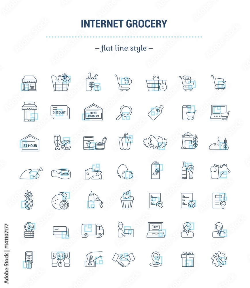 Vector graphic set. Icons in flat, contour, thin, minimal and linear design.Online shopping. Online order and delivery of fresh products at home.Concept illustration for Web site, app.Sign, symbol.