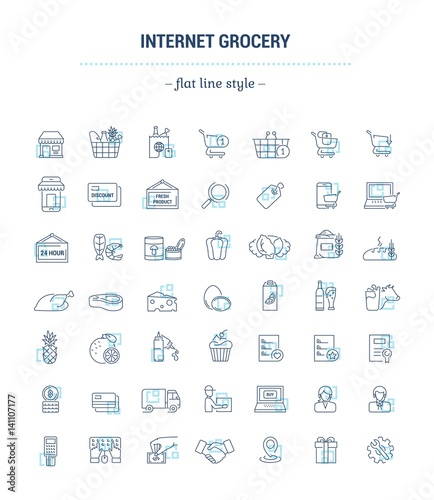 Vector graphic set. Icons in flat, contour, thin, minimal and linear design.Online shopping. Online order and delivery of fresh products at home.Concept illustration for Web site, app.Sign, symbol.