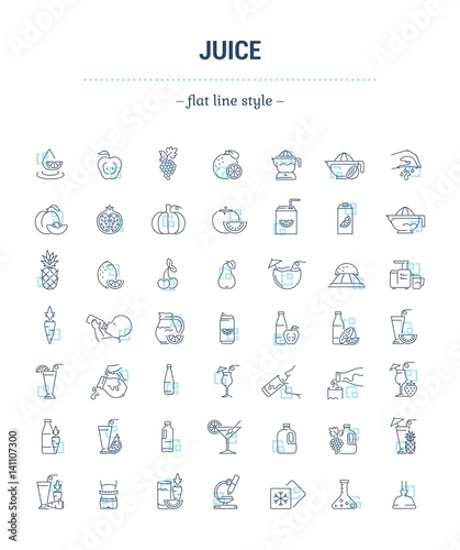 Vector graphic set.Icons in flat, contour, thin, minimal and linear design.Illustration of juice. Glass, cup,bottle and package.Natural, product.Simple isolated concept sign and symbol for Web site.