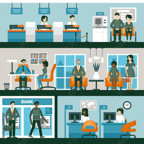 People in bank interior. Banking and consulting concept with character design. Vector illustration