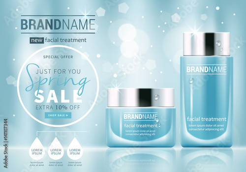 Facial treatment cream glass jars set realistic vector illustration isolated on blue bokeh background. Cosmetic add mock up template for sale poster design