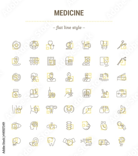 Vector graphic set. Icons in flat, contour, thin, minimal and linear design.Medicine. Branches of Medicine. Medical education.Treatment of diseases.Concept illustration for Web site.Sign, symbol.