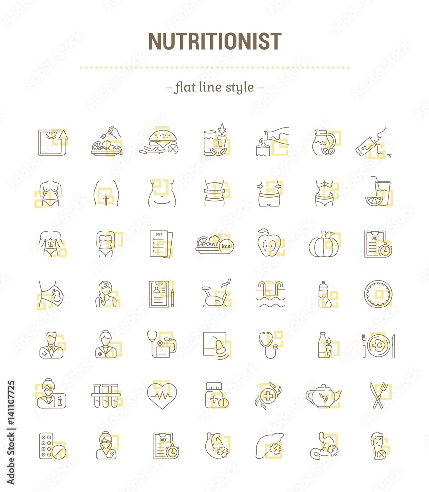 Vector graphic set. Icons in flat, contour, thin, minimal and linear design.Medicine. Nutritionist.Disease, treatment, care about health of body.Concept illustration for Web site.Sign, symbol. Vector graphic set. Icons in flat, contour, thin, minimal and linear design.Medicine. Nutritionist.Disease, treatment, care about health of body.Concept illustration for Web site.Sign, symbol.