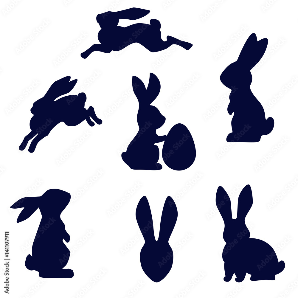 Fototapeta premium Easter running, looking up and standing with egg rabbits black silhouette. Set of Easter bunny outlines isolated on white background.
