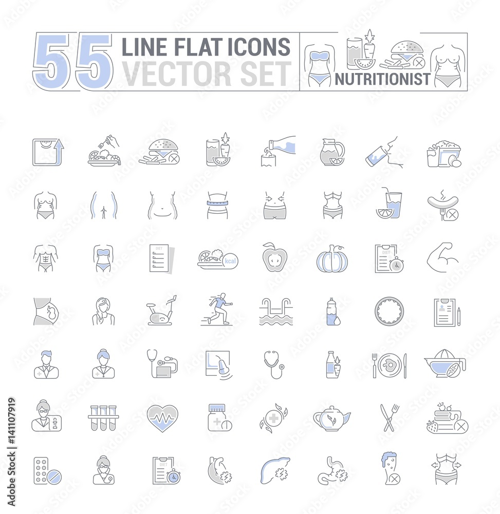 Vector graphic set. Icons in flat, contour, thin, minimal and linear design.Medicine. Nutritionist.Disease, treatment, care about health of body.Concept illustration for Web site.Sign, symbol.