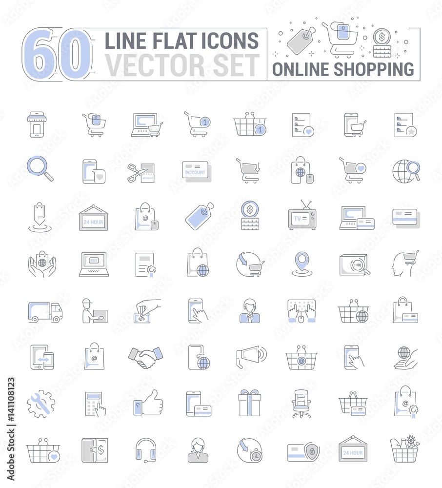 Vector graphic set. Icons in flat, contour,thin, minimal and linear design.Online shopping. Internet shop.Order,purchase, payment.Simple isolated icons.Concept of web site and app.Sign,symbol,element.