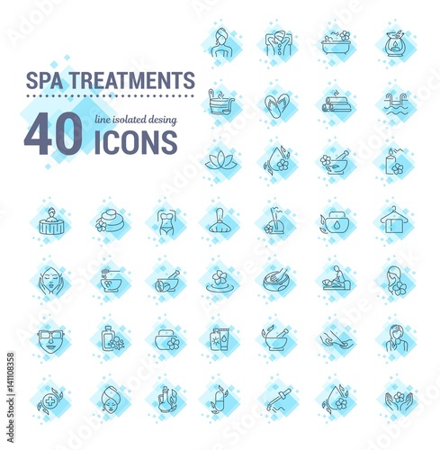 Vector graphic set.Icons in flat, contour,thin and linear design.Spa treatment.Alternative medicine.Simple isolated icon on white background.Concept illustration for Web site, app.Sign,symbol,element.
