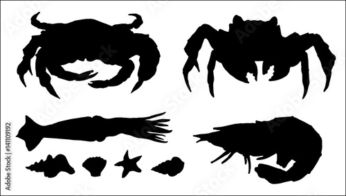 set of silhouettes of crab, squid, seashell and shrimp