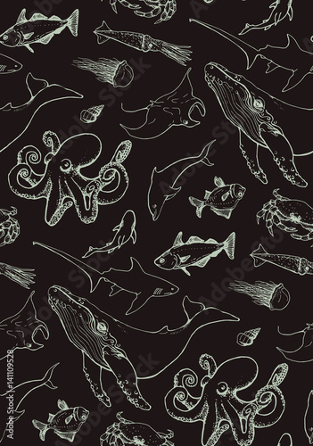 seamless pattern with sea animal contours on dark background