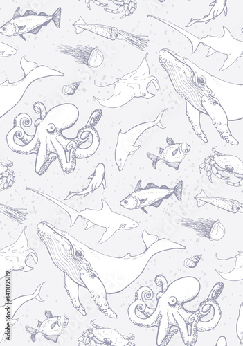 seamless pattern with sea animals on colored in light blue background