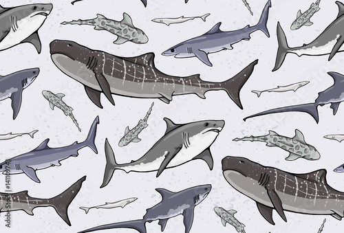 seamless pattern with colored sharks on colored background