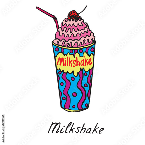 Milkshake with  straw and cherry on the top, hand drawn doodle, sketch in pop art style, vector