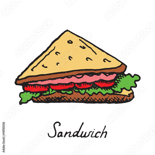 Sandwich with meat, tomatoes and lettuce , hand drawn doodle, sketch in pop art style, vector